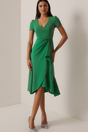 Green A-Line Ruched V-Neck Work Dress